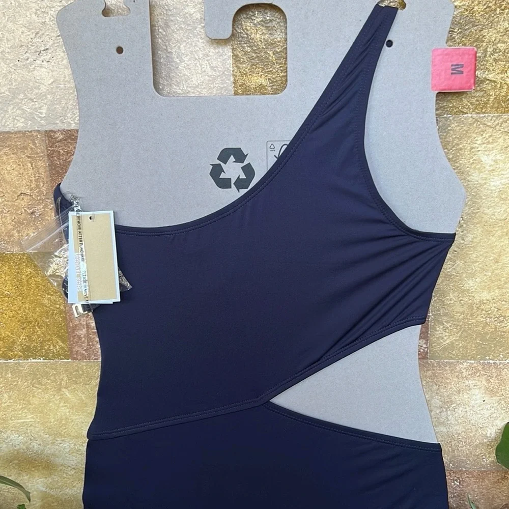 NEW Michael Kors One Shoulder O-Ring Blue Cut-Out One Piece Swimsuit, Size 10